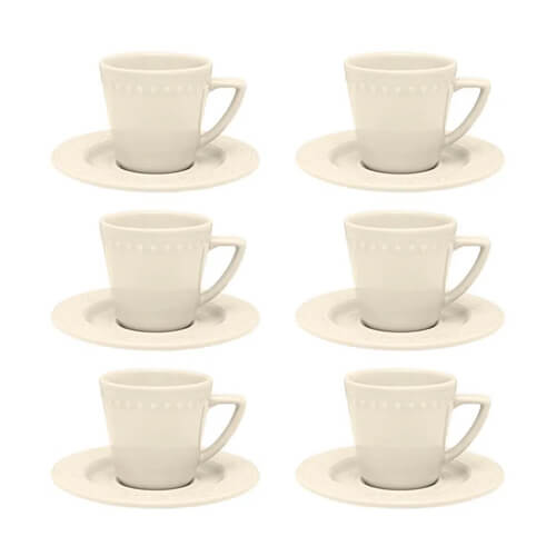 Conjunto Xicara Cha C/ Pires 12 Pçs Marfim  Ceramica Oxford