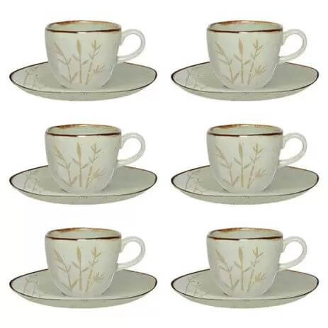 Conjunto Xicara Cha C/ Pires 12 Pçs Bambu Porcelana Oxford