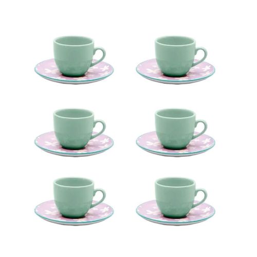 Conjunto Xicara Cha C/ Pires 12 Pçs Colore Porcelana Oxford