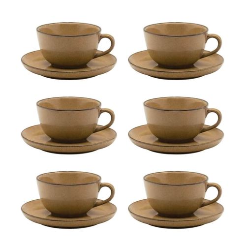 Conjunto Xicara Cha C/ Pires 12 Pçs Ocre Porcelana Oxford